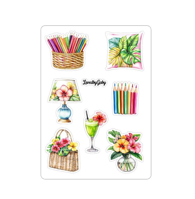 Autocollants LovedbyGaby, thème tropical et fille pour agendas