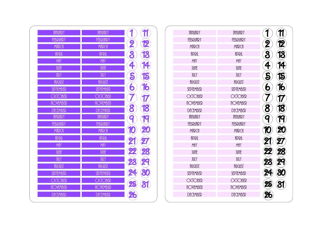 LovedbyGaby stickers for the A6 TN boxes "months and dates"